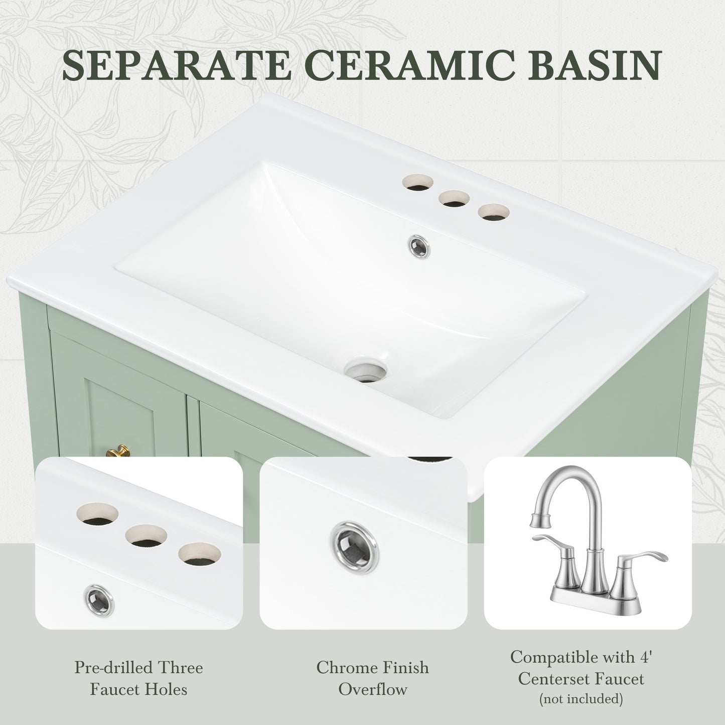VanityFus 24-in Green Bathroom Vanity Single Sink Combo Ceramic Top 1 door 3 drawers Undermount Adjustable Shelves