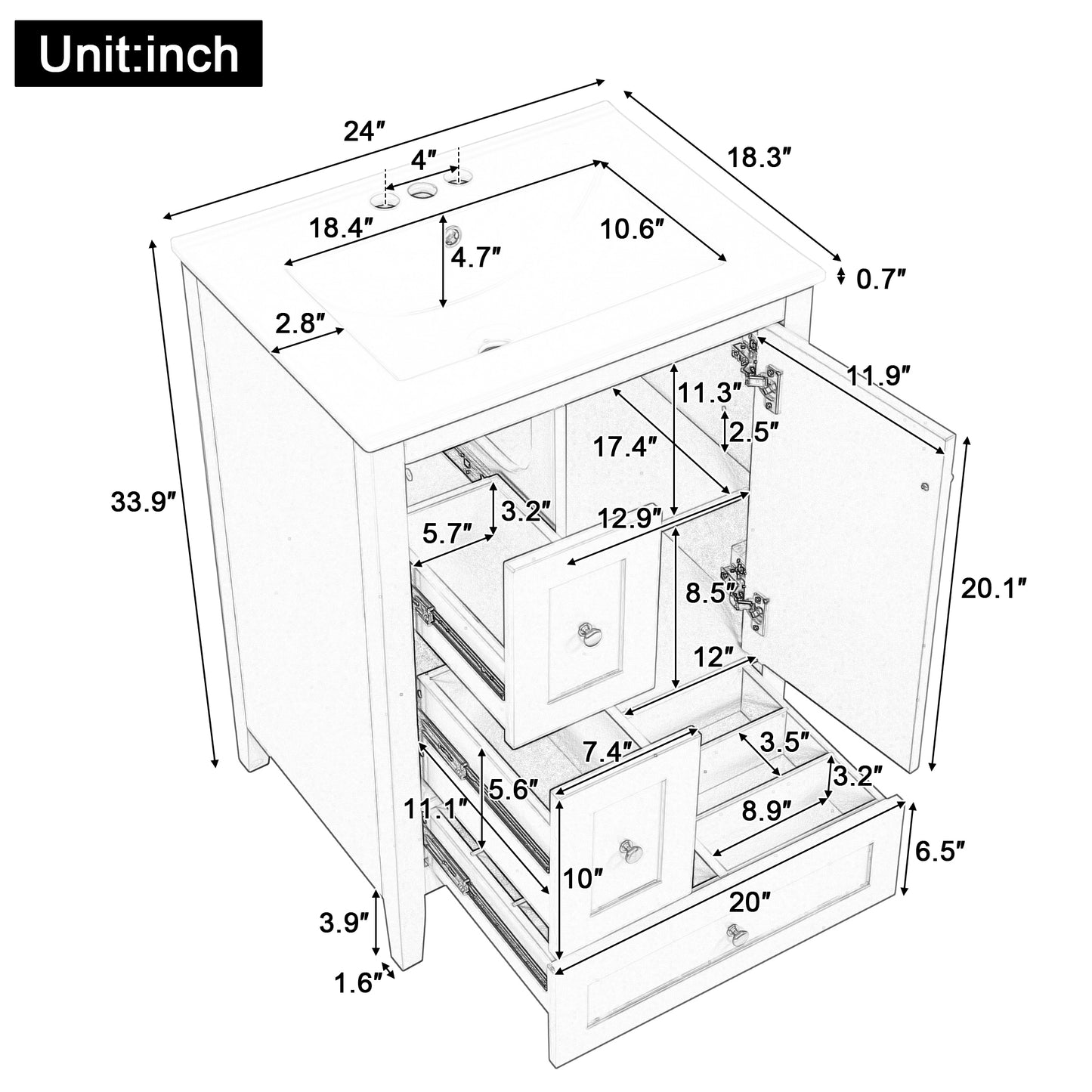 VanityFus 24-in Green Bathroom Vanity Single Sink Combo Ceramic Top 1 door 3 drawers Undermount Adjustable Shelves