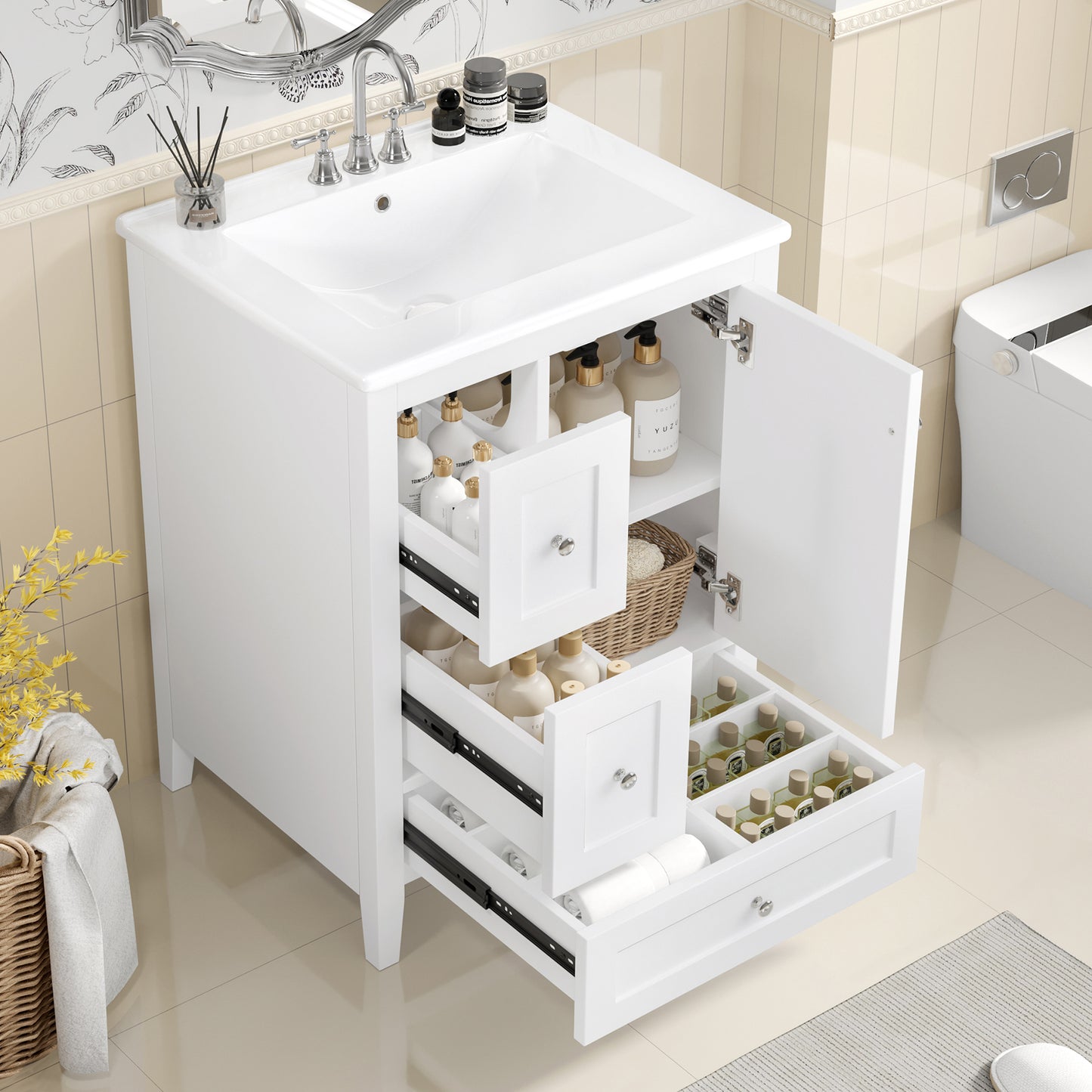 VanityFus 24-in White Bathroom Vanity Single Sink Combo Ceramic Top 1 door 3 drawers Undermount Adjustable Shelves