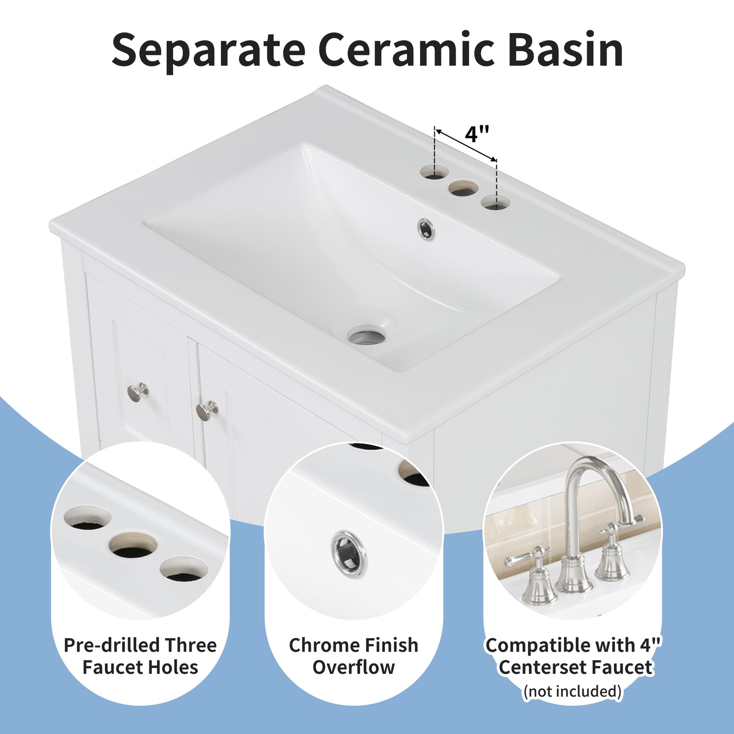 VanityFus 24-in White Bathroom Vanity Single Sink Combo Ceramic Top 1 door 3 drawers Undermount Adjustable Shelves
