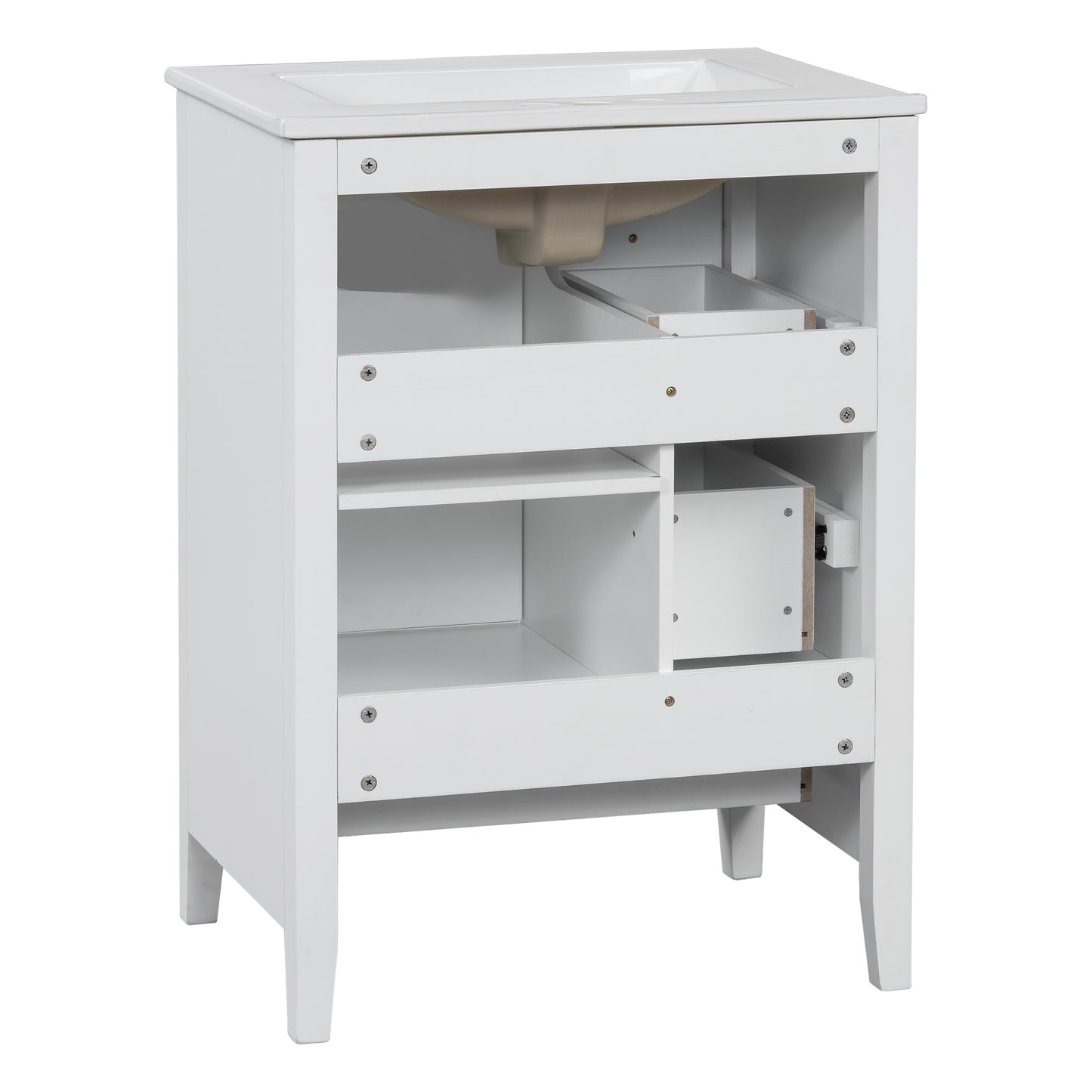 VanityFus 24-in White Bathroom Vanity Single Sink Combo Ceramic Top 1 door 3 drawers Undermount Adjustable Shelves