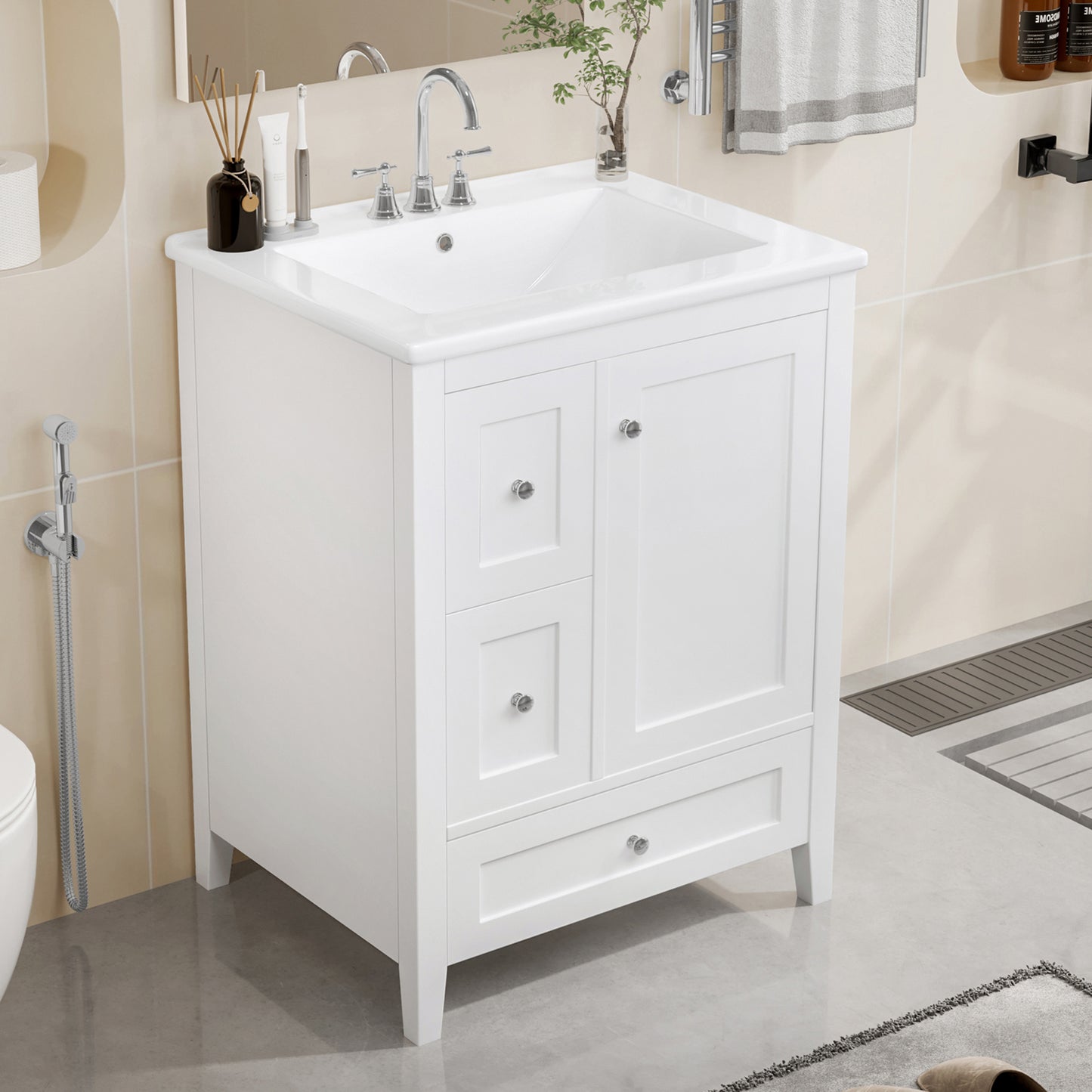 VanityFus 24-in White Bathroom Vanity Single Sink Combo Ceramic Top 1 door 3 drawers Undermount Adjustable Shelves