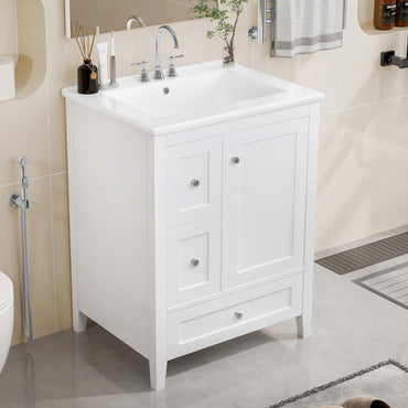 VanityFus 24-in White Bathroom Vanity Single Sink Combo Ceramic Top 1 door 3 drawers Undermount Adjustable Shelves
