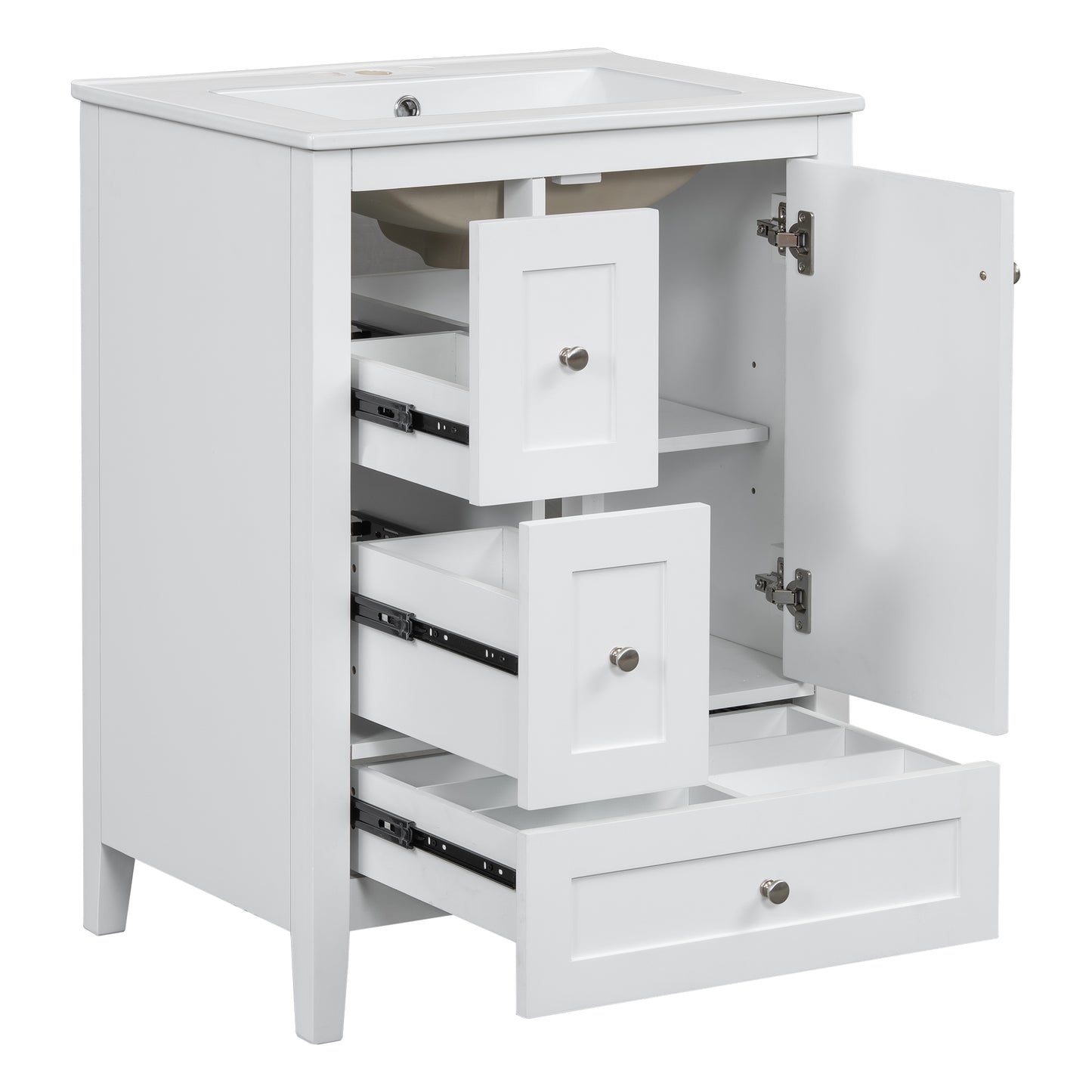 VanityFus 24-in White Bathroom Vanity Single Sink Combo Ceramic Top 1 door 3 drawers Undermount Adjustable Shelves