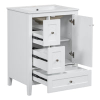 VanityFus 24-in White Bathroom Vanity Single Sink Combo Ceramic Top 1 door 3 drawers Undermount Adjustable Shelves