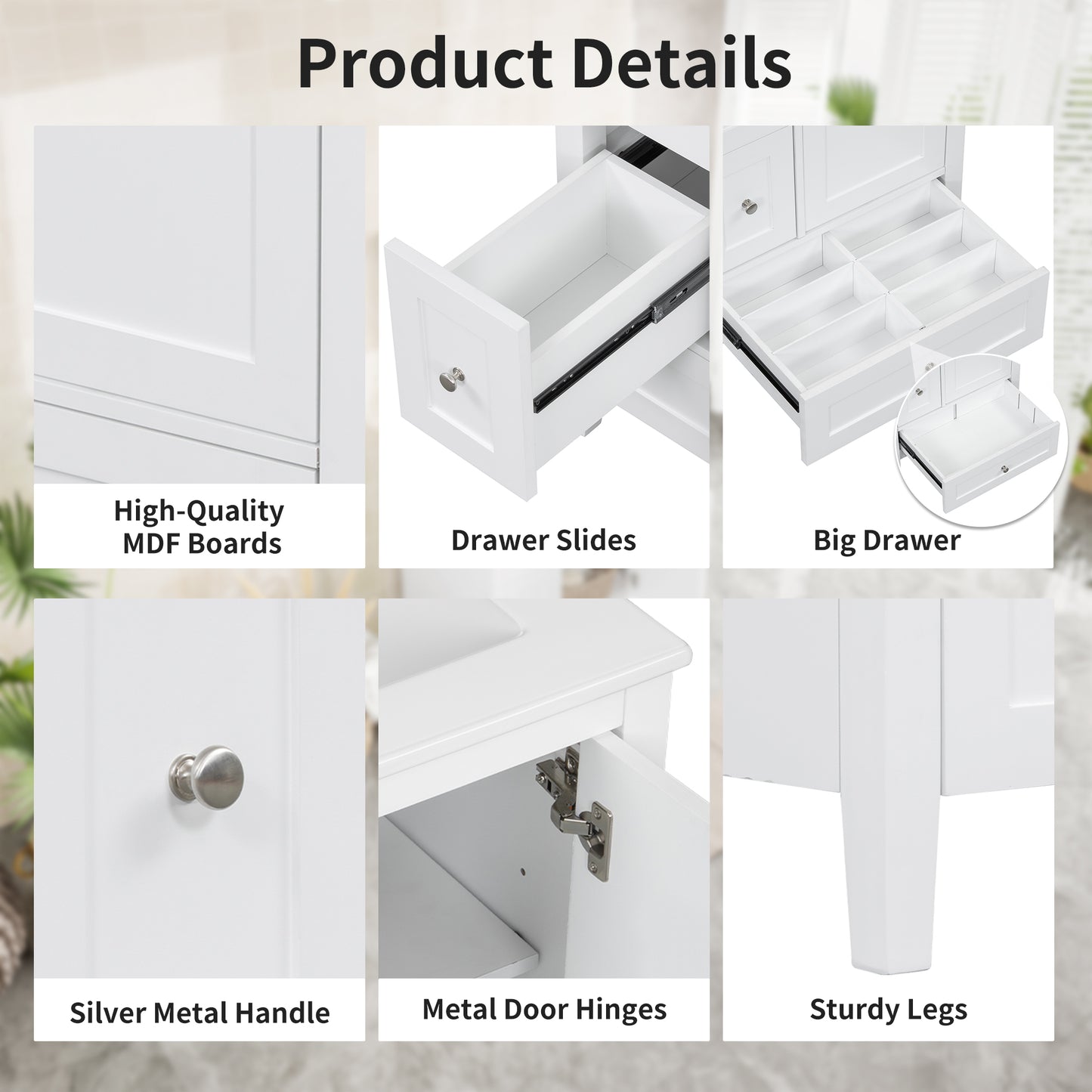 VanityFus 24-in White Bathroom Vanity Single Sink Combo Ceramic Top 1 door 3 drawers Undermount Adjustable Shelves