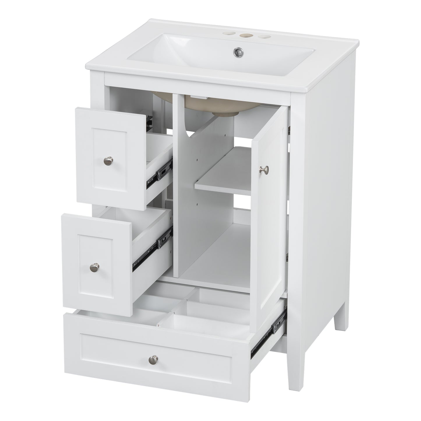 VanityFus 24-in White Bathroom Vanity Single Sink Combo Ceramic Top 1 door 3 drawers Undermount Adjustable Shelves