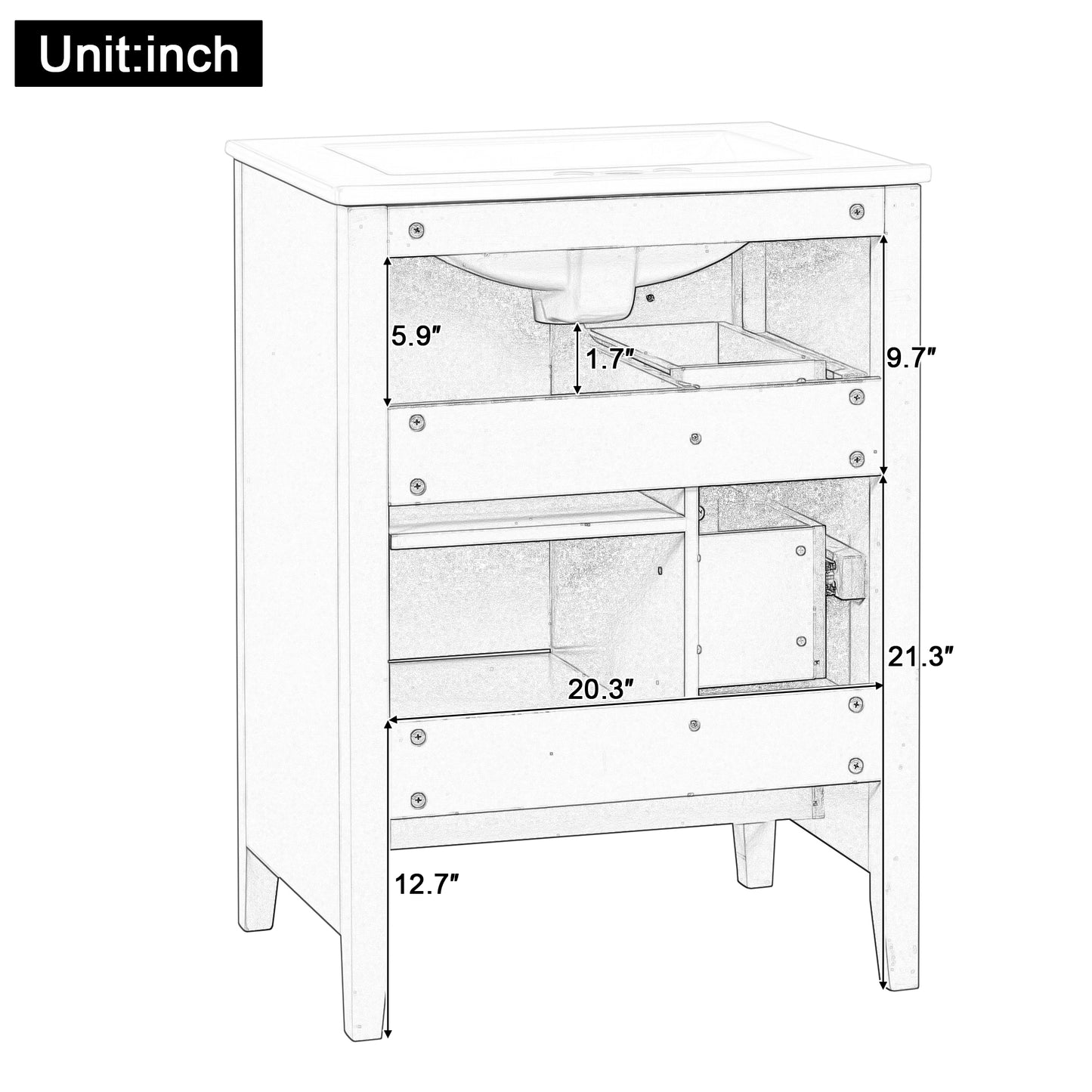 VanityFus 24-in White Bathroom Vanity Single Sink Combo Ceramic Top 1 door 3 drawers Undermount Adjustable Shelves