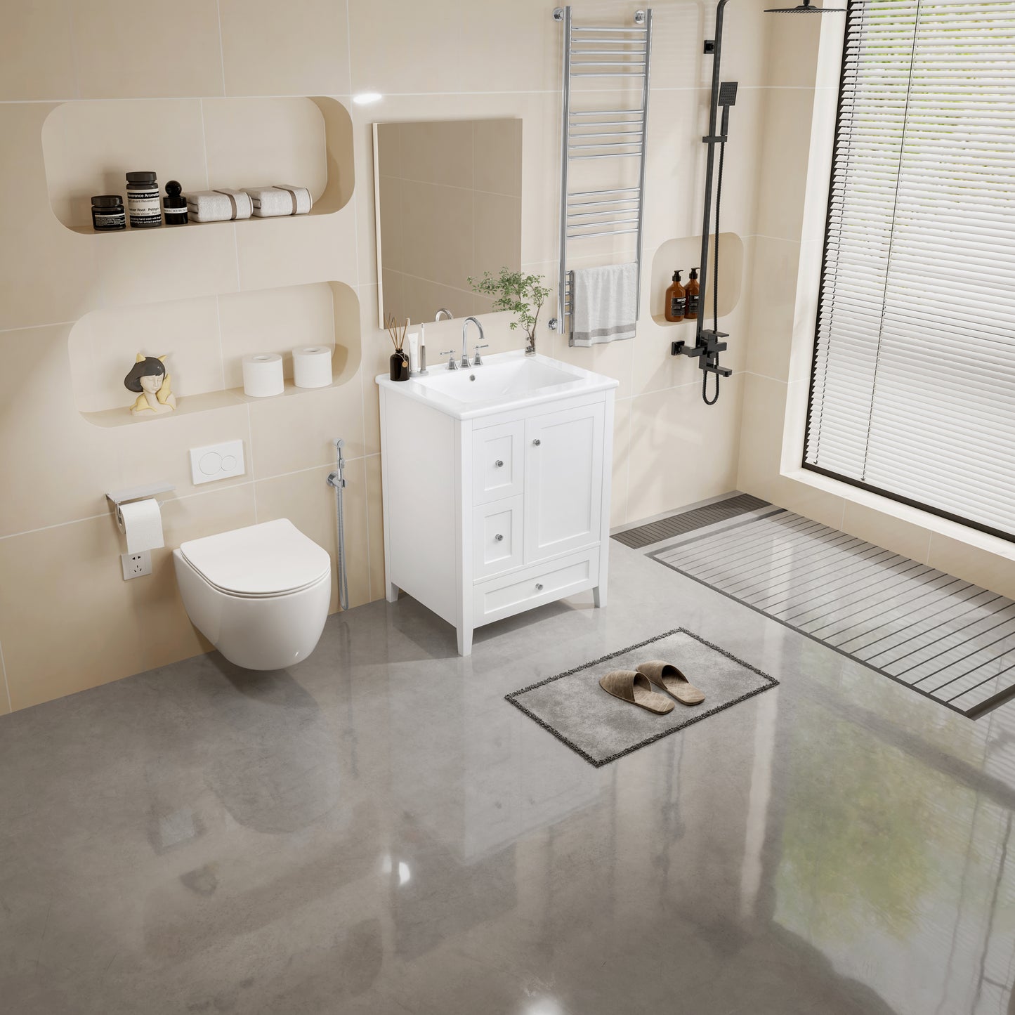 VanityFus 24-in White Bathroom Vanity Single Sink Combo Ceramic Top 1 door 3 drawers Undermount Adjustable Shelves