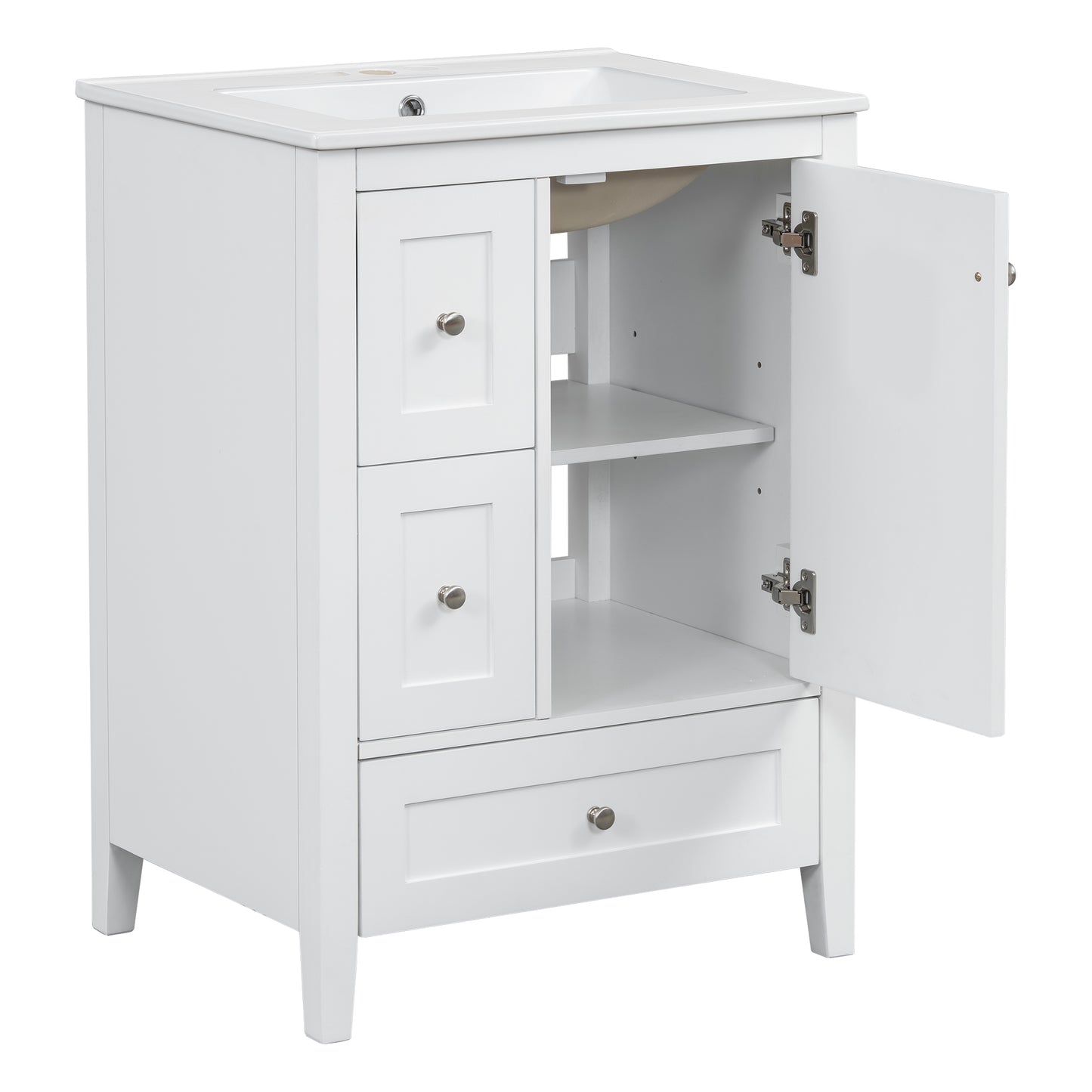 VanityFus 24-in White Bathroom Vanity Single Sink Combo Ceramic Top 1 door 3 drawers Undermount Adjustable Shelves