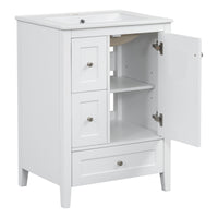 VanityFus 24-in White Bathroom Vanity Single Sink Combo Ceramic Top 1 door 3 drawers Undermount Adjustable Shelves