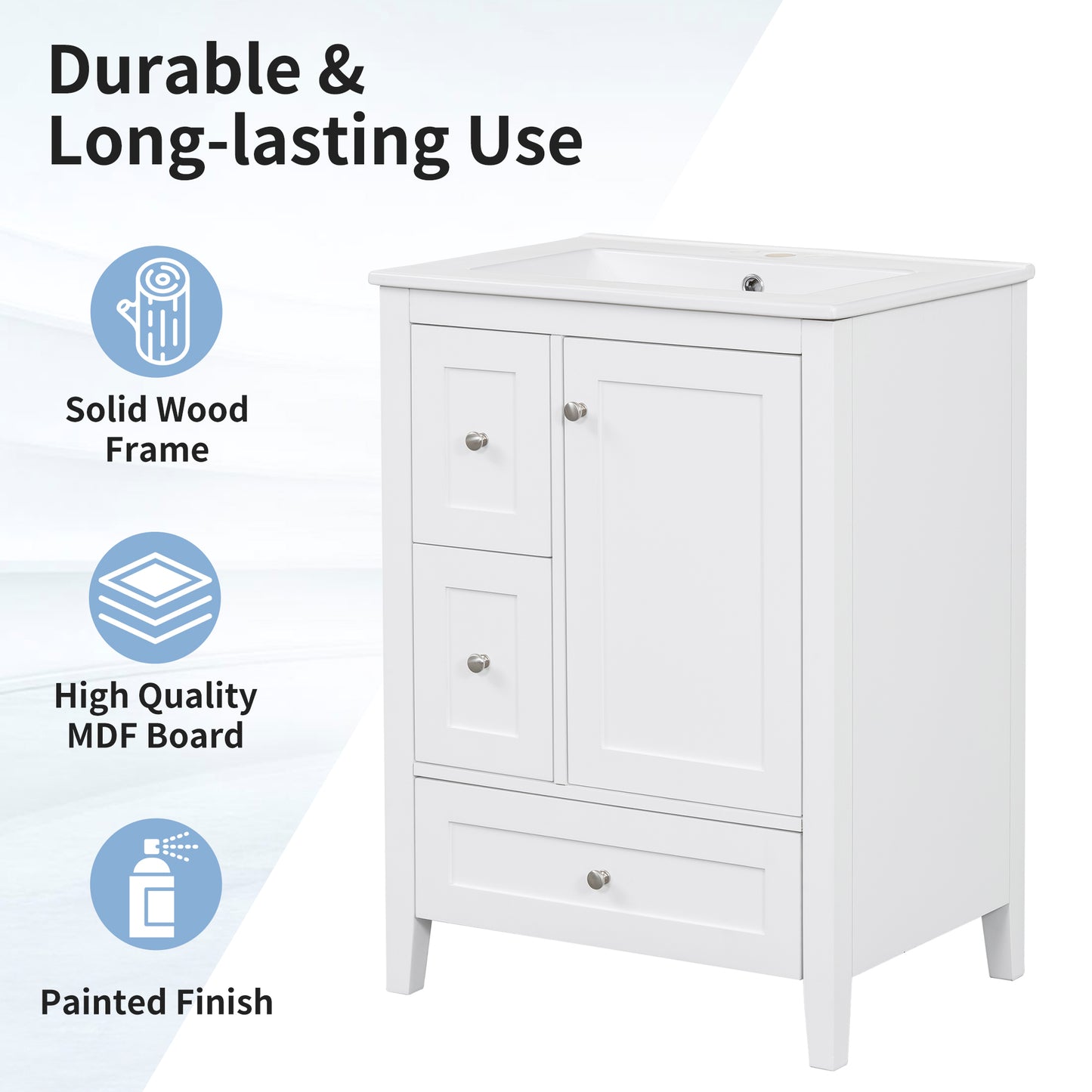 VanityFus 24-in White Bathroom Vanity Single Sink Combo Ceramic Top 1 door 3 drawers Undermount Adjustable Shelves