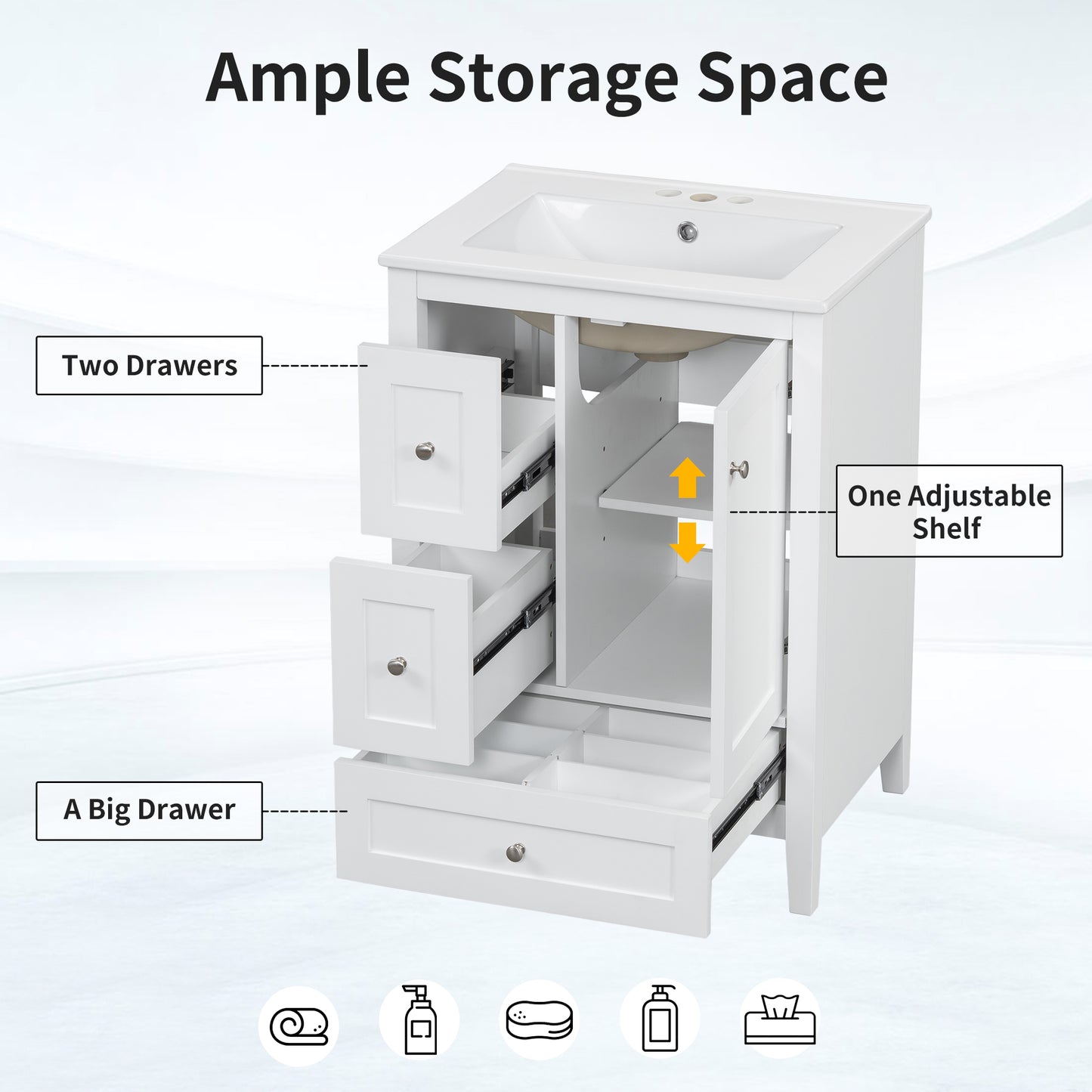 VanityFus 24-in White Bathroom Vanity Single Sink Combo Ceramic Top 1 door 3 drawers Undermount Adjustable Shelves