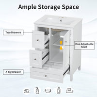VanityFus 24-in White Bathroom Vanity Single Sink Combo Ceramic Top 1 door 3 drawers Undermount Adjustable Shelves