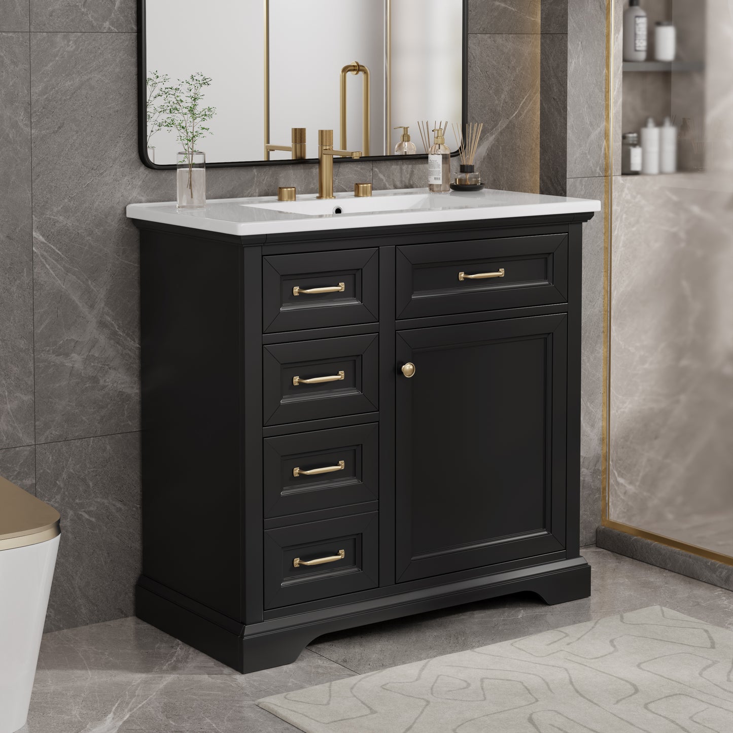 VanityFus 36-in Black Bathroom Vanity Single Sink Combo Ceramic Top 1 Soft Close Door 4 drawers Adjustable Shelves