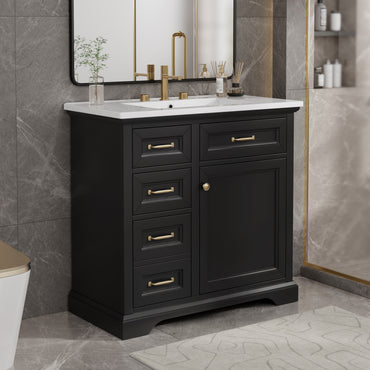 VanityFus 36-in Black Bathroom Vanity Single Sink Combo Ceramic Top 1 Soft Close Door 4 drawers Adjustable Shelves