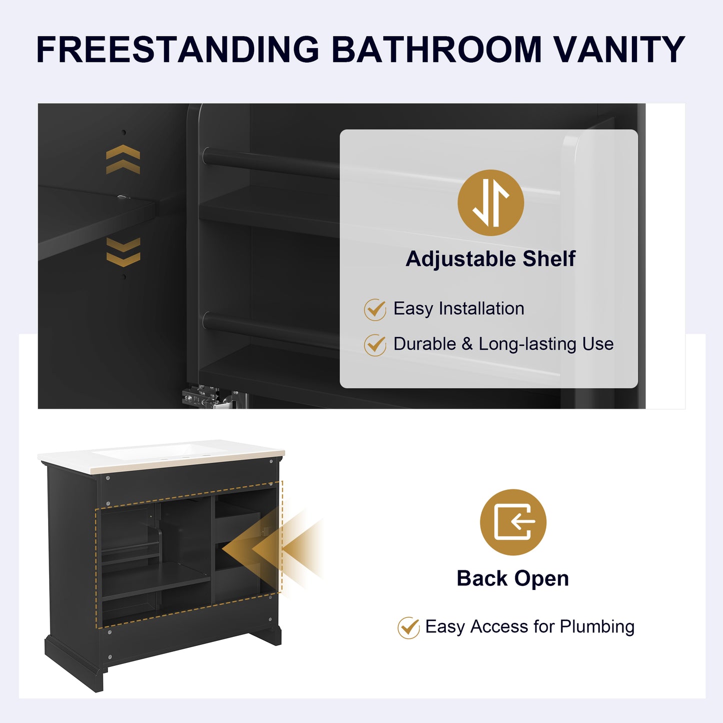 VanityFus 36-in Black Bathroom Vanity Single Sink Combo Ceramic Top 1 Soft Close Door 4 drawers Adjustable Shelves