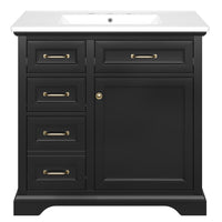 VanityFus 36-in Black Bathroom Vanity Single Sink Combo Ceramic Top 1 Soft Close Door 4 drawers Adjustable Shelves