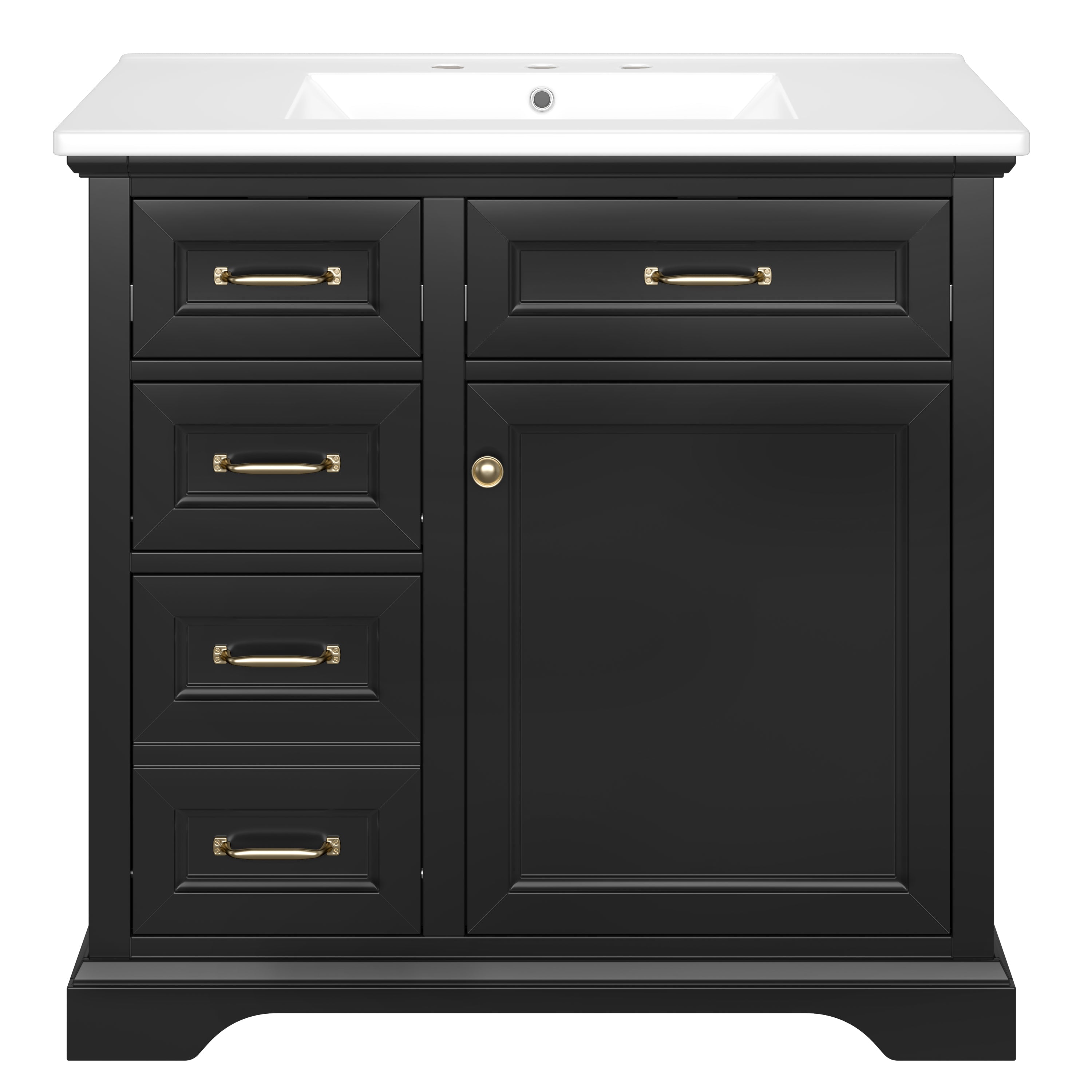 VanityFus 36-in Black Bathroom Vanity Single Sink Combo Ceramic Top 1 Soft Close Door 4 drawers Adjustable Shelves