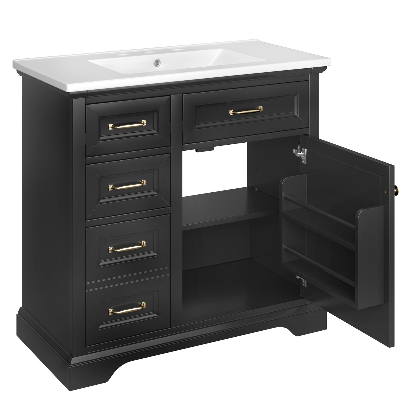 VanityFus 36-in Black Bathroom Vanity Single Sink Combo Ceramic Top 1 Soft Close Door 4 drawers Adjustable Shelves