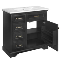 VanityFus 36-in Black Bathroom Vanity Single Sink Combo Ceramic Top 1 Soft Close Door 4 drawers Adjustable Shelves