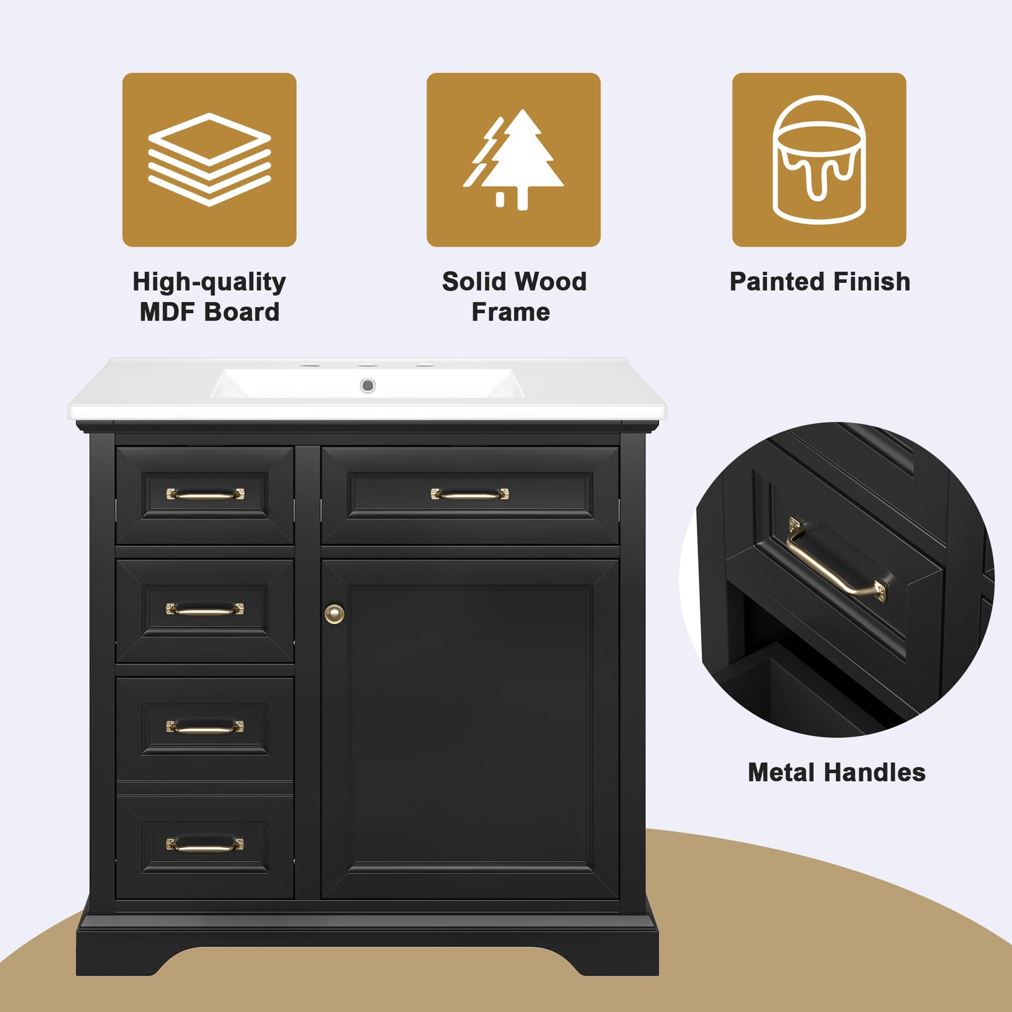 VanityFus 36-in Black Bathroom Vanity Single Sink Combo Ceramic Top 1 Soft Close Door 4 drawers Adjustable Shelves