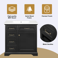 VanityFus 36-in Black Bathroom Vanity Single Sink Combo Ceramic Top 1 Soft Close Door 4 drawers Adjustable Shelves