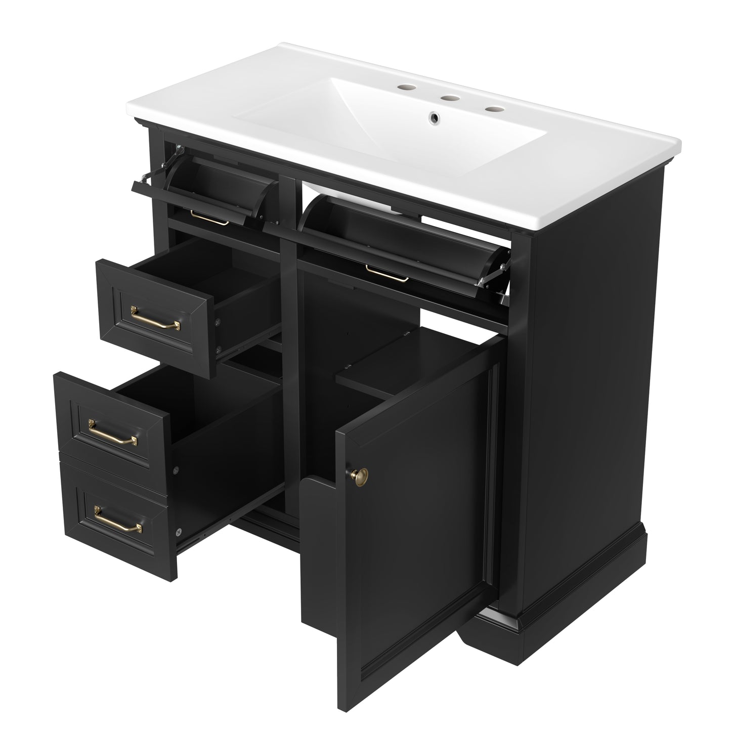 VanityFus 36-in Black Bathroom Vanity Single Sink Combo Ceramic Top 1 Soft Close Door 4 drawers Adjustable Shelves