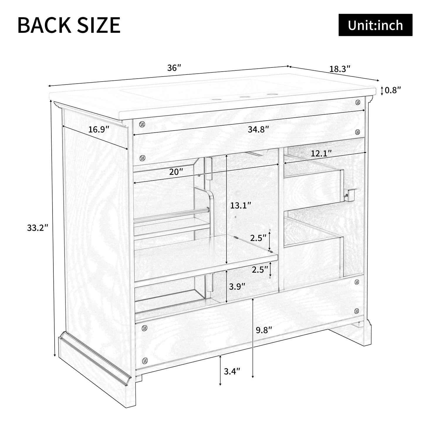 VanityFus 36-in Black Bathroom Vanity Single Sink Combo Ceramic Top 1 Soft Close Door 4 drawers Adjustable Shelves