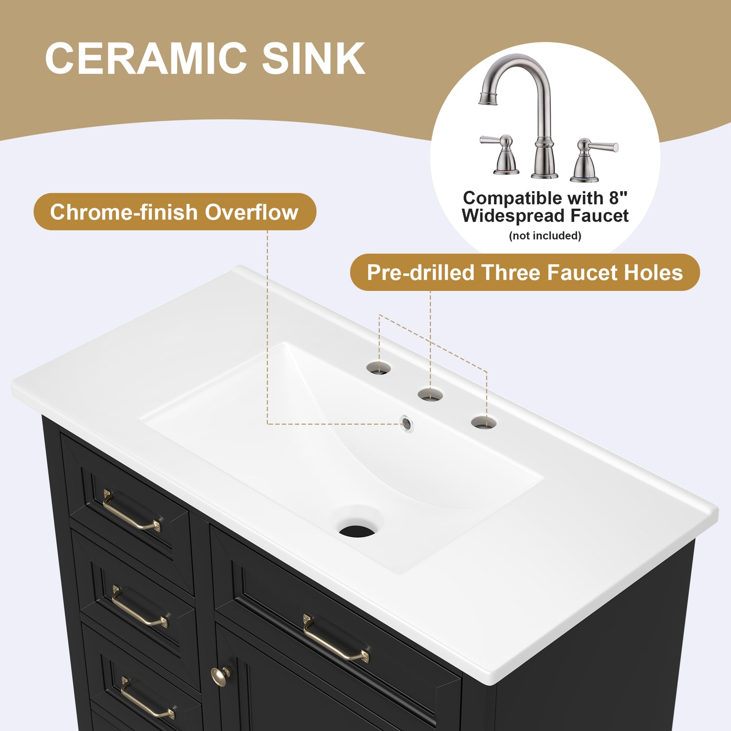 VanityFus 36-in Black Bathroom Vanity Single Sink Combo Ceramic Top 1 Soft Close Door 4 drawers Adjustable Shelves