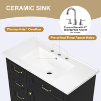 VanityFus 36-in Black Bathroom Vanity Single Sink Combo Ceramic Top 1 Soft Close Door 4 drawers Adjustable Shelves