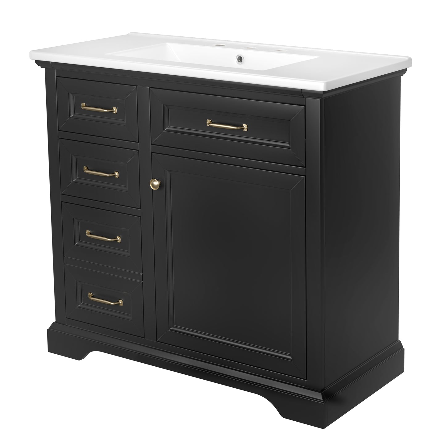 VanityFus 36-in Black Bathroom Vanity Single Sink Combo Ceramic Top 1 Soft Close Door 4 drawers Adjustable Shelves