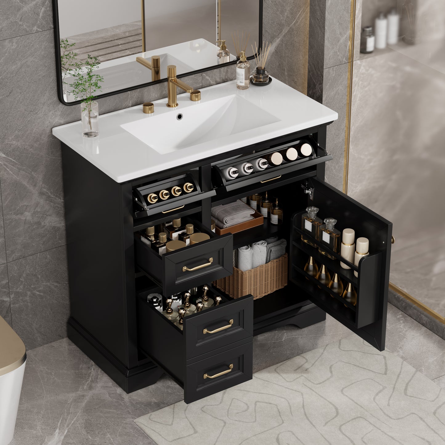 VanityFus 36-in Black Bathroom Vanity Single Sink Combo Ceramic Top 1 Soft Close Door 4 drawers Adjustable Shelves