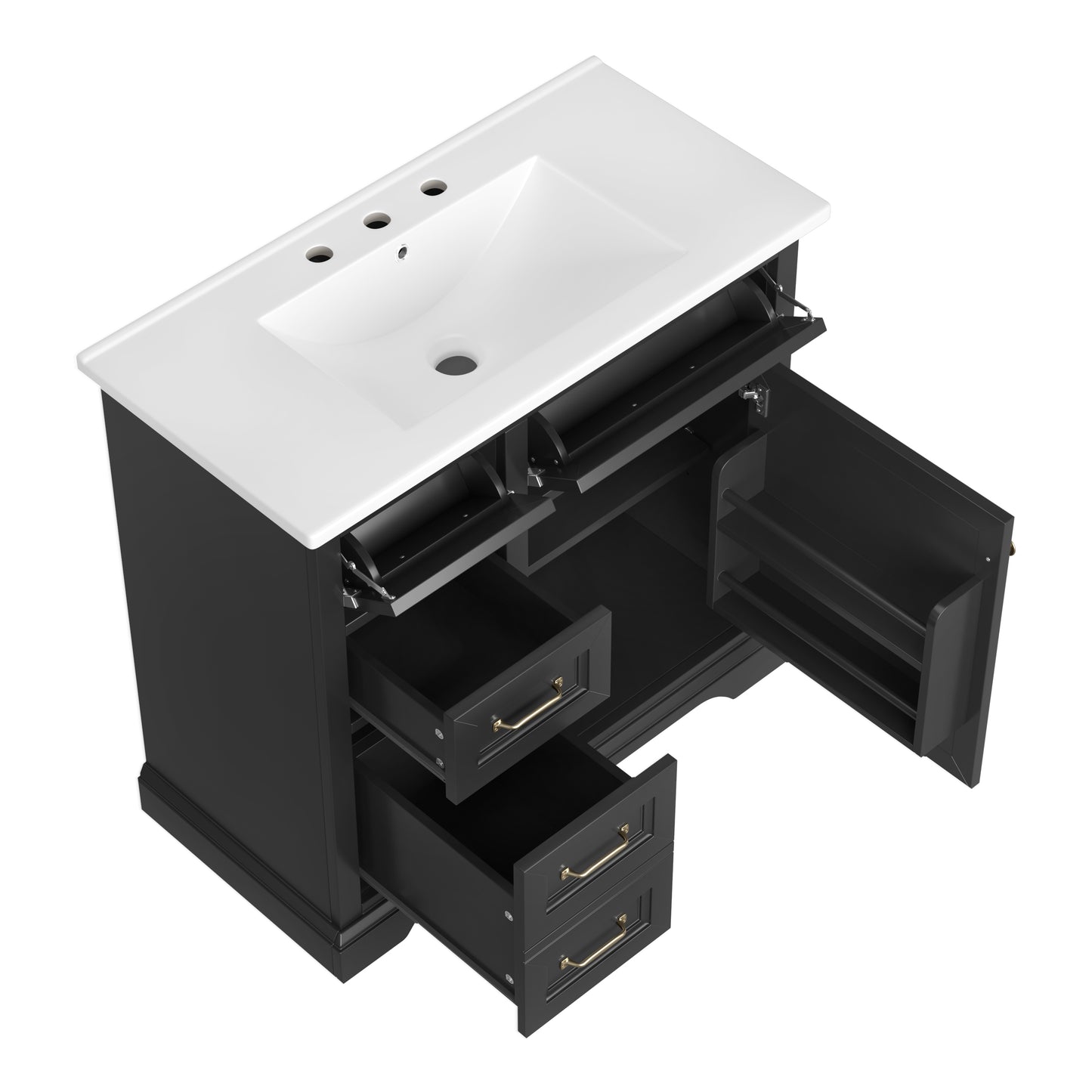 VanityFus 36-in Black Bathroom Vanity Single Sink Combo Ceramic Top 1 Soft Close Door 4 drawers Adjustable Shelves