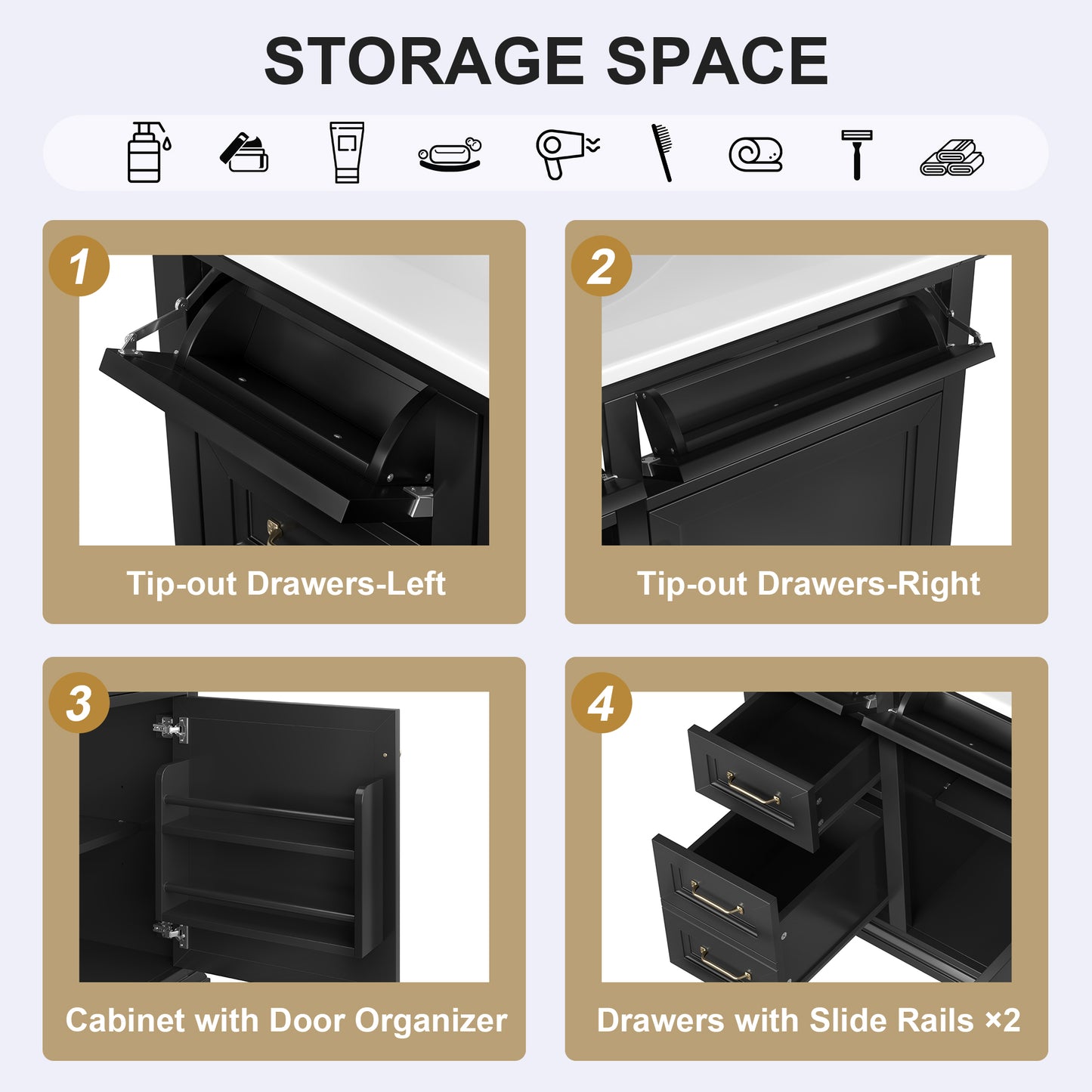 VanityFus 36-in Black Bathroom Vanity Single Sink Combo Ceramic Top 1 Soft Close Door 4 drawers Adjustable Shelves