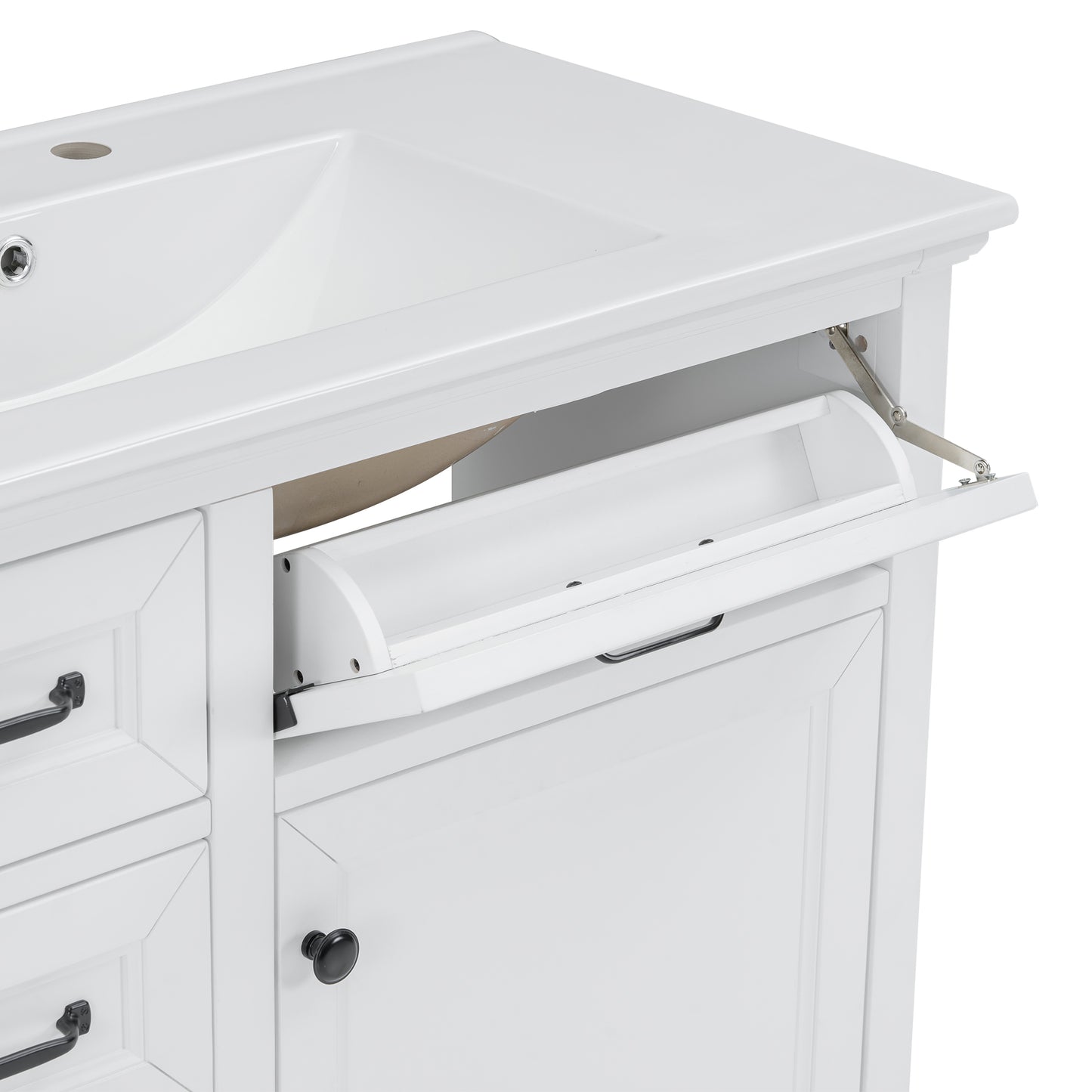VanityFus 36-in White Bathroom Vanity Single Sink Combo Ceramic Top 1 Soft Close Door 4 drawers Adjustable Shelves