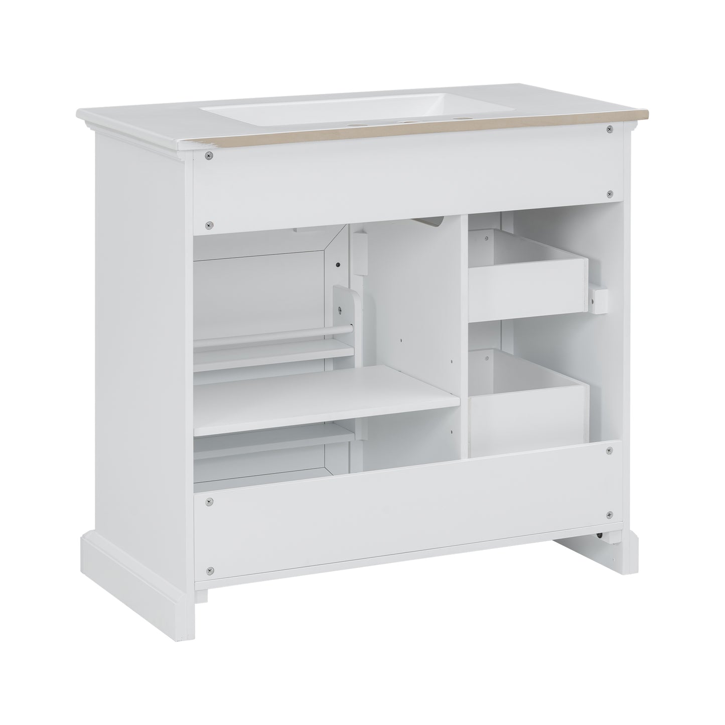 VanityFus 36-in White Bathroom Vanity Single Sink Combo Ceramic Top 1 Soft Close Door 4 drawers Adjustable Shelves