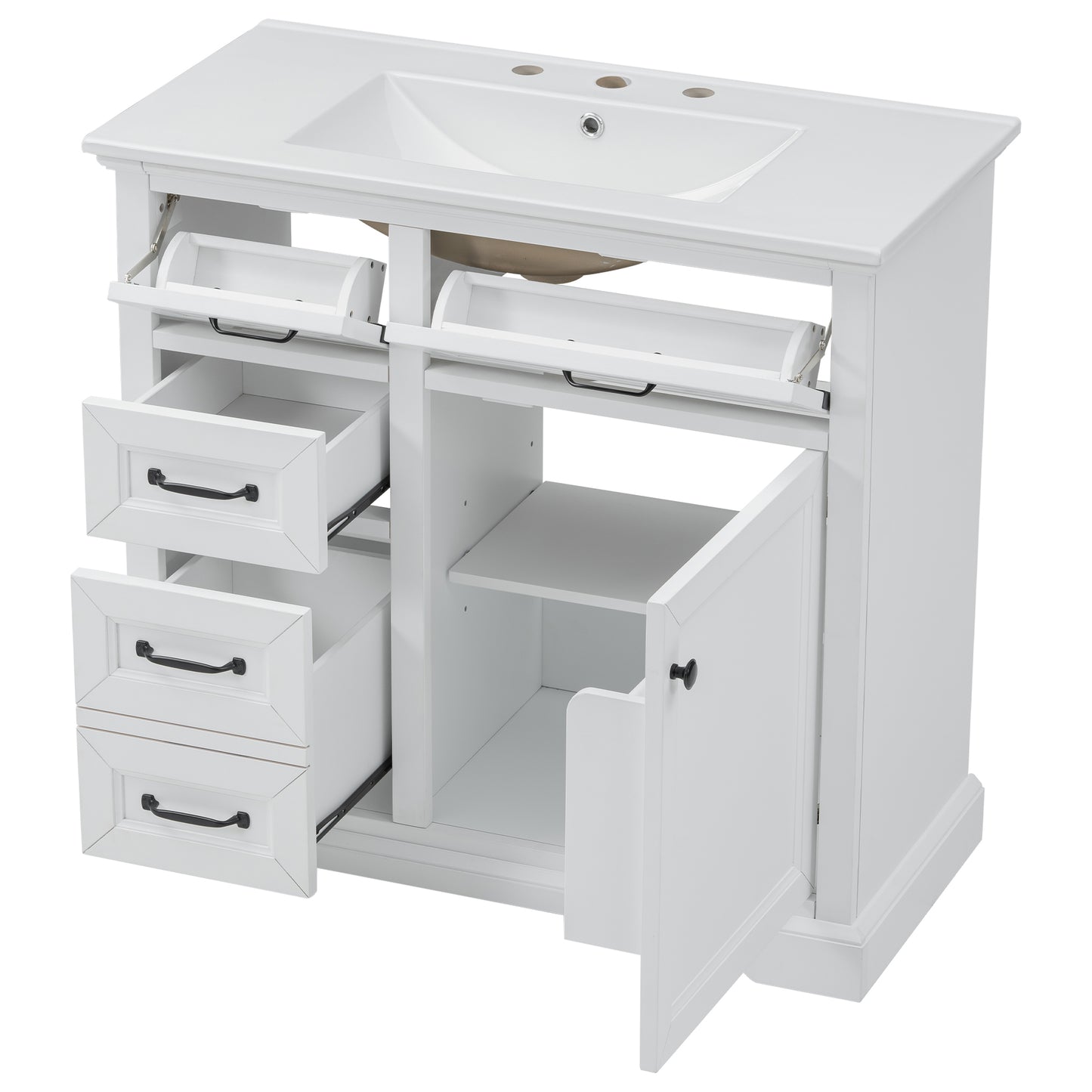 VanityFus 36-in White Bathroom Vanity Single Sink Combo Ceramic Top 1 Soft Close Door 4 drawers Adjustable Shelves