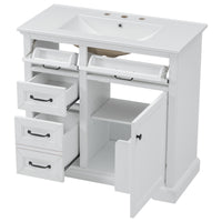 VanityFus 36-in White Bathroom Vanity Single Sink Combo Ceramic Top 1 Soft Close Door 4 drawers Adjustable Shelves