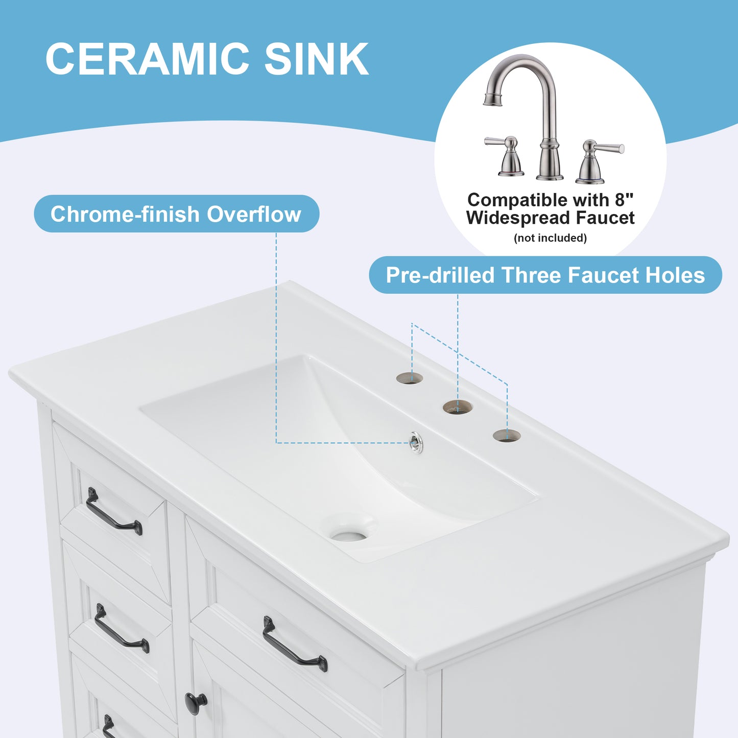 VanityFus 36-in White Bathroom Vanity Single Sink Combo Ceramic Top 1 Soft Close Door 4 drawers Adjustable Shelves