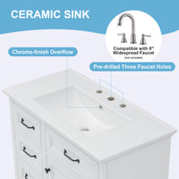 VanityFus 36-in White Bathroom Vanity Single Sink Combo Ceramic Top 1 Soft Close Door 4 drawers Adjustable Shelves