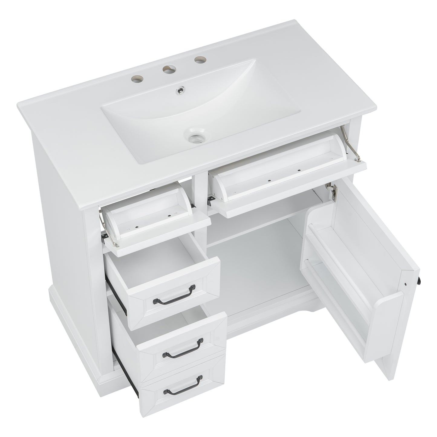 VanityFus 36-in White Bathroom Vanity Single Sink Combo Ceramic Top 1 Soft Close Door 4 drawers Adjustable Shelves