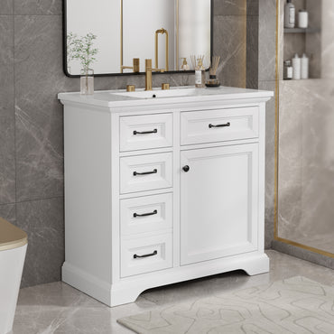 VanityFus 36-in White Bathroom Vanity Single Sink Combo Ceramic Top 1 Soft Close Door 4 drawers Adjustable Shelves
