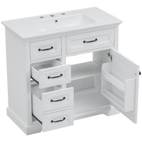 VanityFus 36-in White Bathroom Vanity Single Sink Combo Ceramic Top 1 Soft Close Door 4 drawers Adjustable Shelves