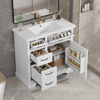 VanityFus 36-in White Bathroom Vanity Single Sink Combo Ceramic Top 1 Soft Close Door 4 drawers Adjustable Shelves