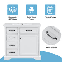 VanityFus 36-in White Bathroom Vanity Single Sink Combo Ceramic Top 1 Soft Close Door 4 drawers Adjustable Shelves