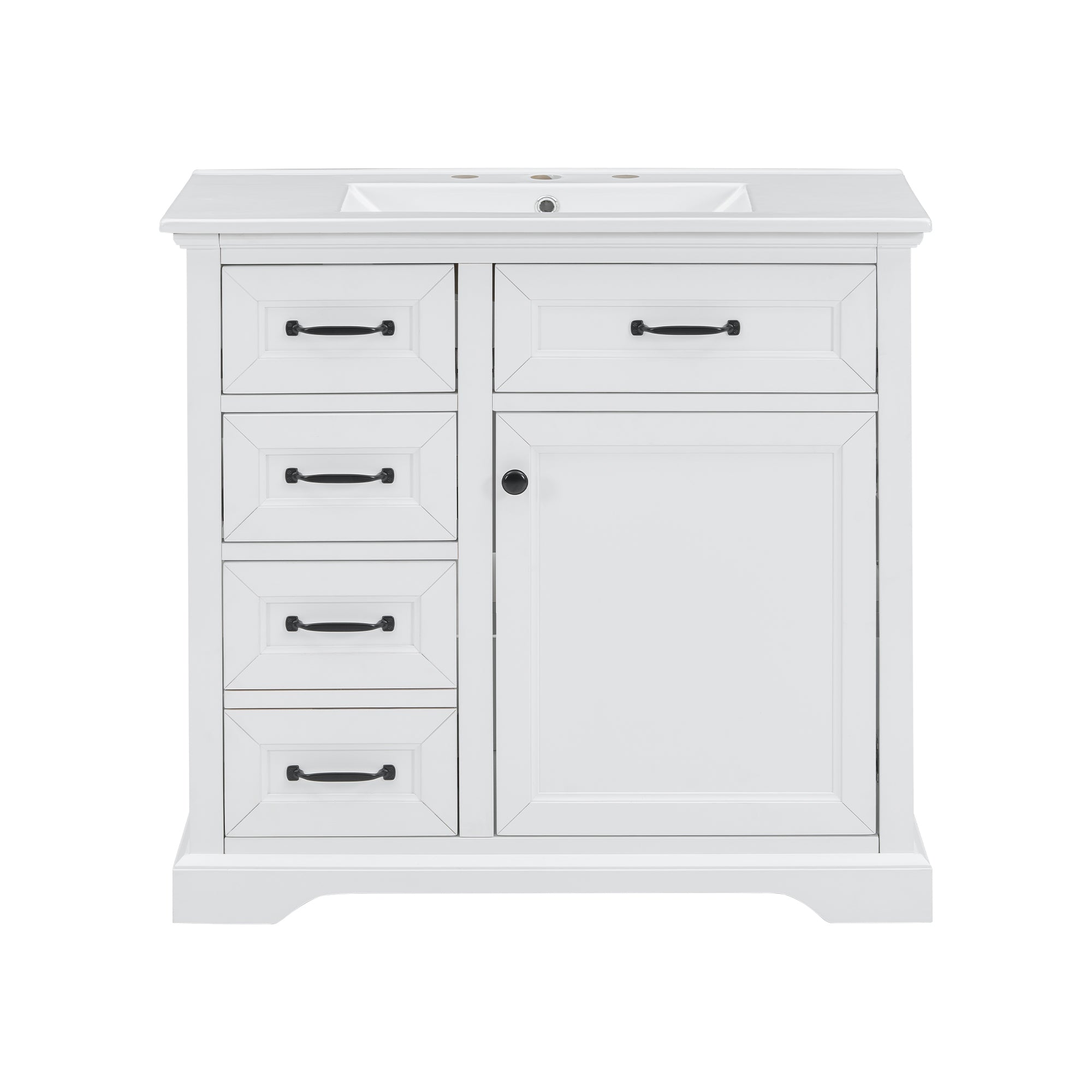 VanityFus 36-in White Bathroom Vanity Single Sink Combo Ceramic Top 1 Soft Close Door 4 drawers Adjustable Shelves