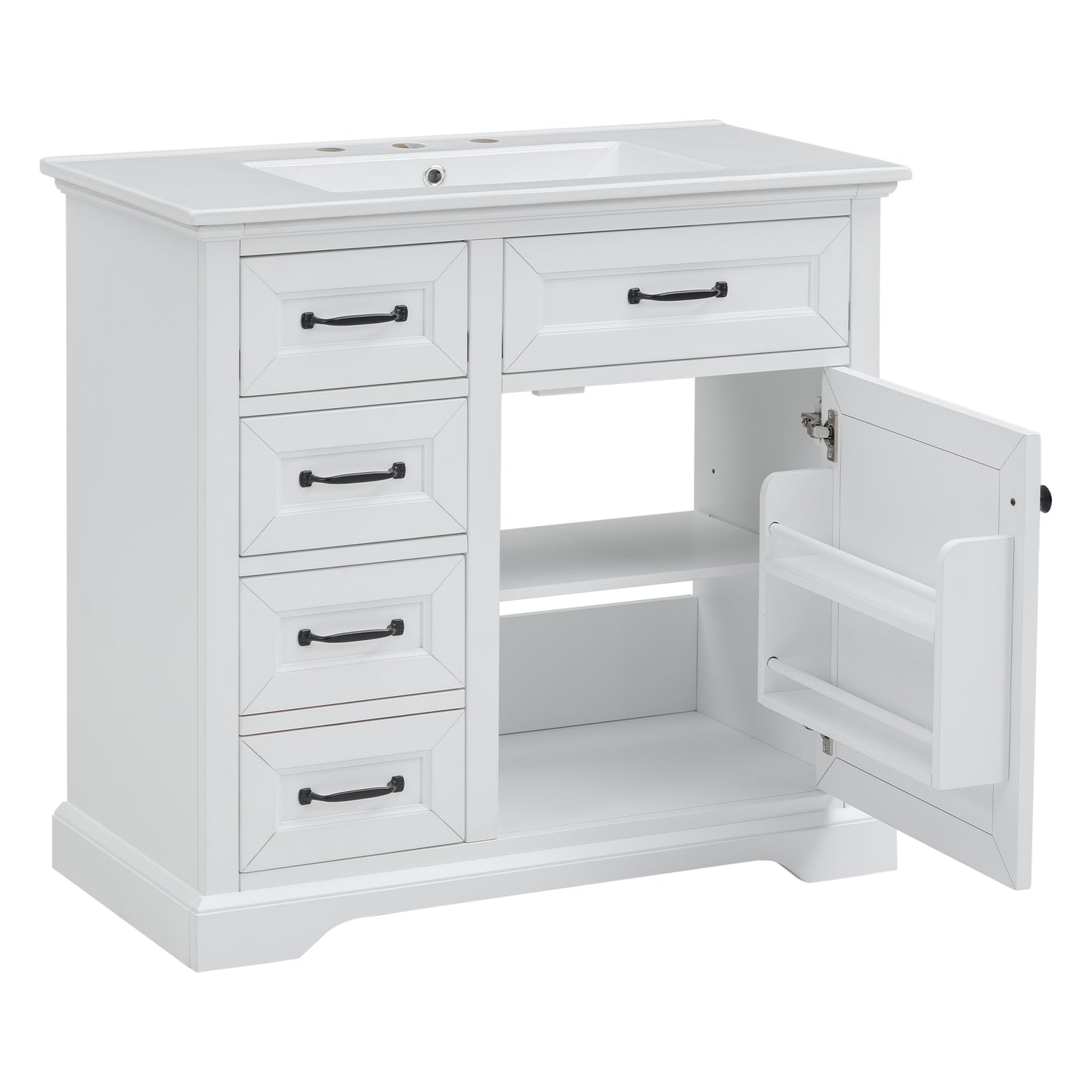 VanityFus 36-in White Bathroom Vanity Single Sink Combo Ceramic Top 1 Soft Close Door 4 drawers Adjustable Shelves