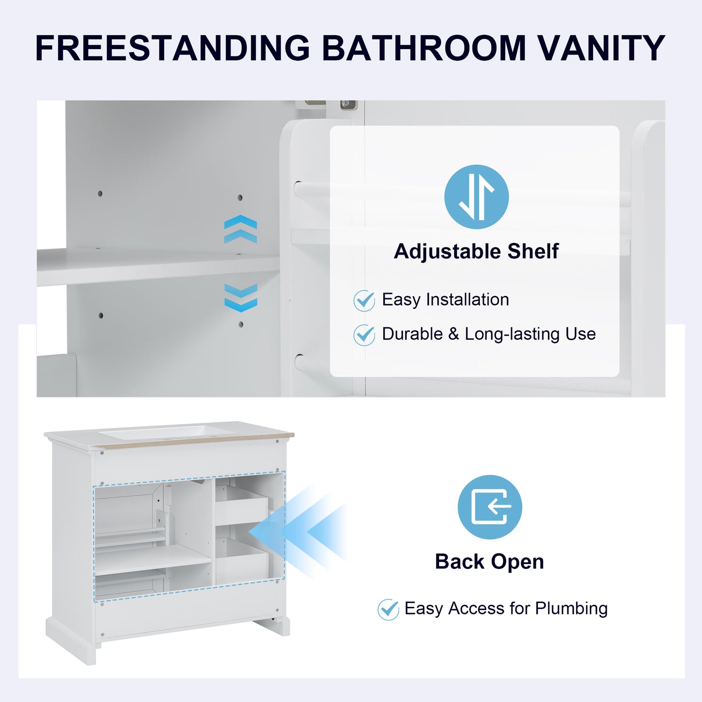 VanityFus 36-in White Bathroom Vanity Single Sink Combo Ceramic Top 1 Soft Close Door 4 drawers Adjustable Shelves