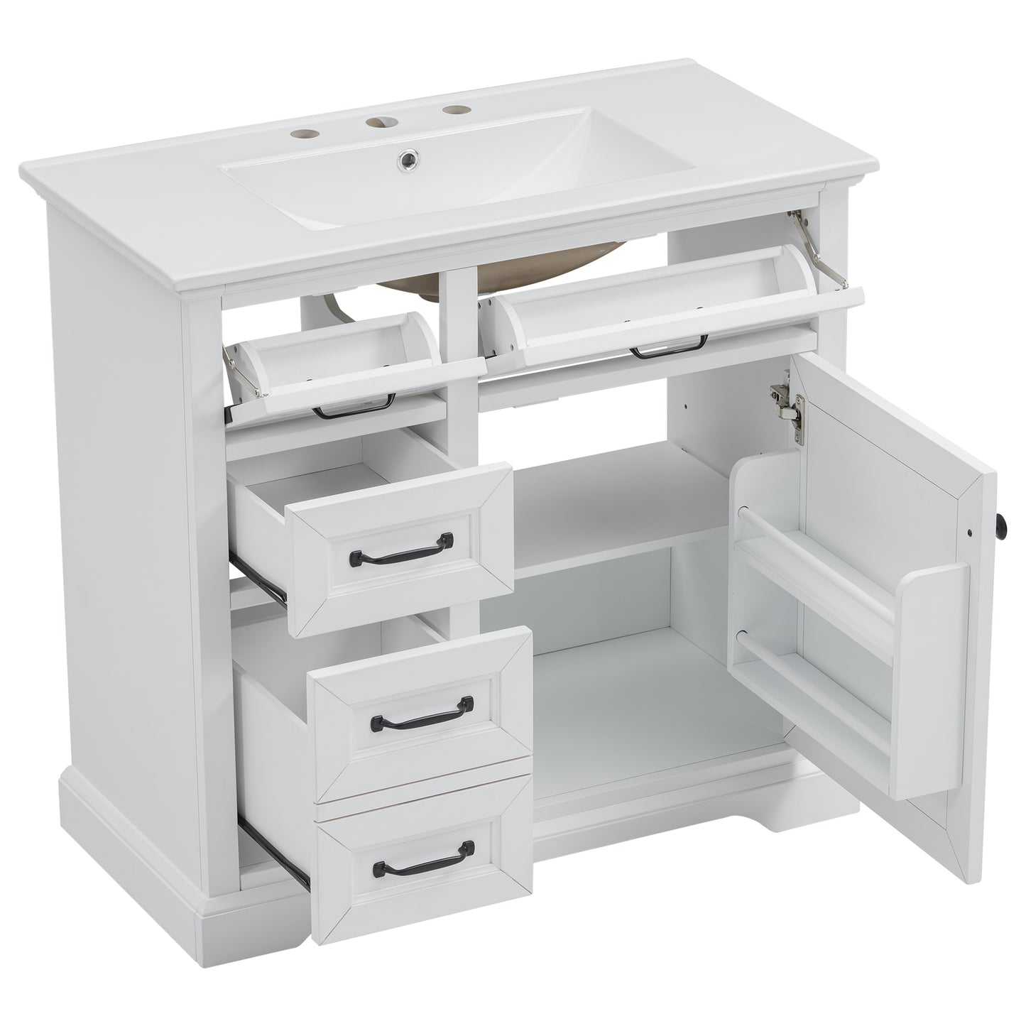 VanityFus 36-in White Bathroom Vanity Single Sink Combo Ceramic Top 1 Soft Close Door 4 drawers Adjustable Shelves